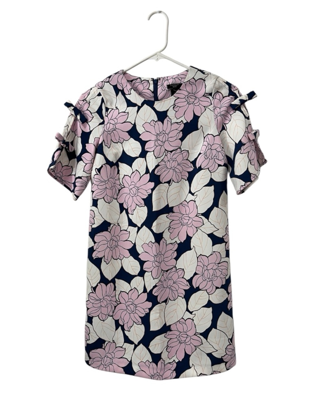 NWT Ann Taylor Sz00P Shift Dress with Navy, Pink Floral Print,Bow Detail Sleeves